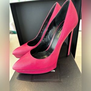 Saint Laurent Pink Textured Leather Janis Platform Pointed Toe Pumps